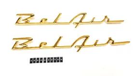 Sb19gold Gene Smith 1955 1956 Chevy Belair Quarter Panel Emblem Script Gold 55 56 Bel Air Pair