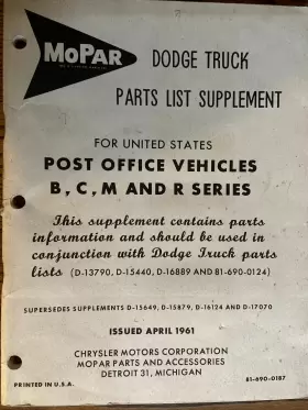 81-690-0187 Mopar Oem 1961 Dodge Truck Parts List Supplement For U.s. Post Office Trucks