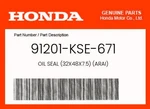 Honda Genuine Oil Seal (32X48X7.5) (arai) 91201-KSE-671 New. Price: $16.59.